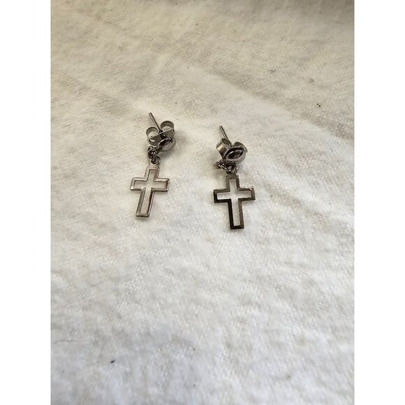 Tiny Short Dangle Outlined Silver Toned Earrings Cross Christian Casual Cute - Picture 9 of 9